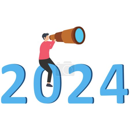 Illustration for Confidence businessman look through telescope on year 2024, year 2024 outlook, business opportunity or new challenge ahead, vision to make decision - Royalty Free Image