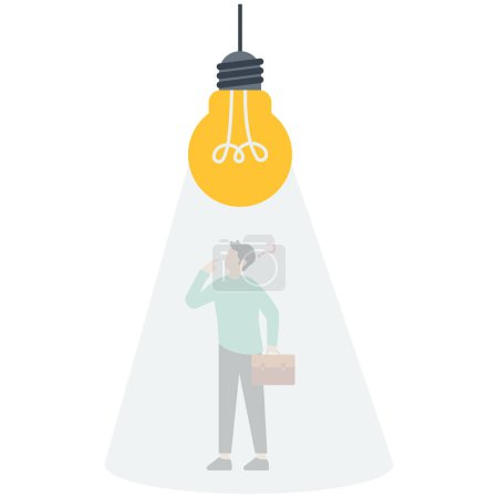 Illustration for Smart businessman thinking under inspired bright light bulb, innovation, creativity or imagination for business success, thinking about idea, solution - Royalty Free Image