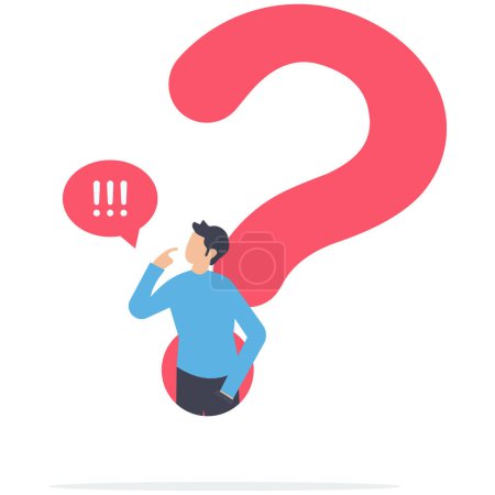 Illustration for Determination businessman comes out from question mark sign to answer question, answer business question, determination or sill and decision to solve problem, FAQ frequently asked questions - Royalty Free Image