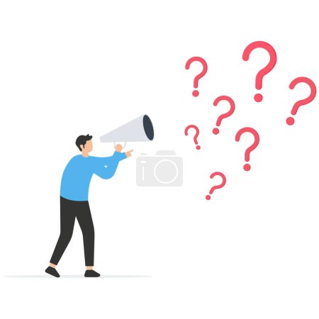 Illustration for Businessman ask questions on megaphone with lot of question mark, ask questions to get answer for solving problem, ask for solution or curiosity - Royalty Free Image