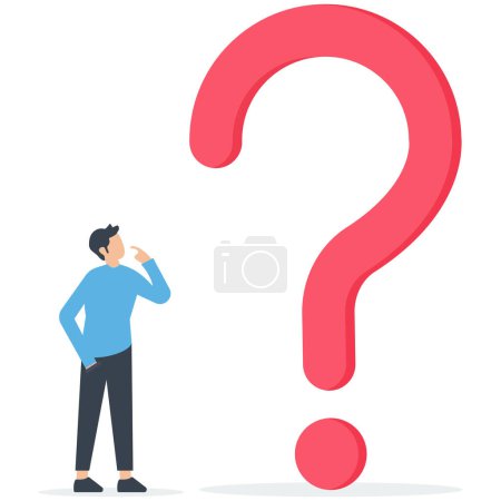 Illustration for Businessman thinking while looking at big question mark, big question mark or big problem to solve or finding solution, doubt or uncertainty - Royalty Free Image