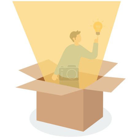 Téléchargez les illustrations : Homme d'affaires intelligent sortir de la boîte en papier avec une nouvelle idée d'ampoule d'éclairage, penser en dehors de la boîte, la créativité pour créer une idée d'entreprise différente ou la motivation et l'innovation - en licence libre de droit