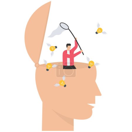 Illustration for Businessman open his head to using butterfly net to catching light bulb idea, creative idea thinking process, contemplation, idealization for solution - Royalty Free Image