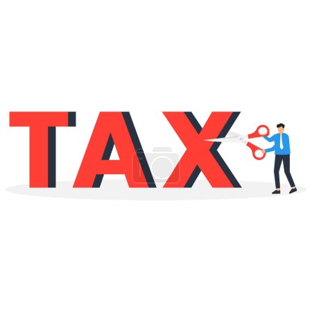 Réduction d'impôt, politique gouvernementale en cas de crise économique ou planification financière pour le concept de réduction d'impôt, homme d'affaires professionnel conseiller financier ou employé de bureau utilisant des ciseaux pour couper le mot TAX.