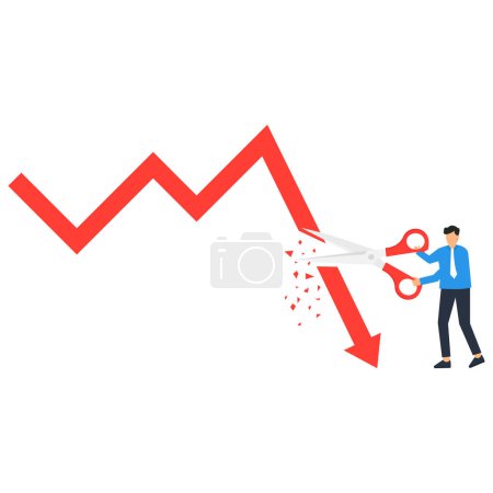 Ilustración de Cut loss concept. Stop losing assets from stock market volatility. stop loss Minimize losses for profit. Investor is stopping loss with the scissors. - Imagen libre de derechos