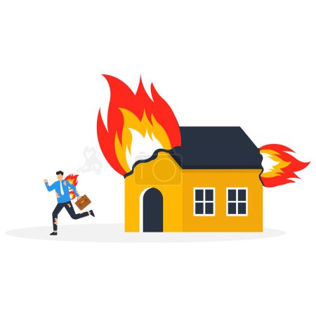 Téléchargez les illustrations : Un homme fuit une maison en feu. évacuation due à un incendie. perte de logements suite à la catastrophe - en licence libre de droit