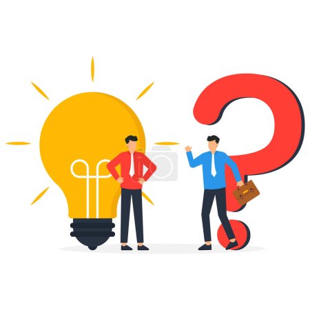 Illustration for Business problem, idea, decision making and solution, job and career path concept, confusing businessman stand with question mark sign and light bulb - Royalty Free Image