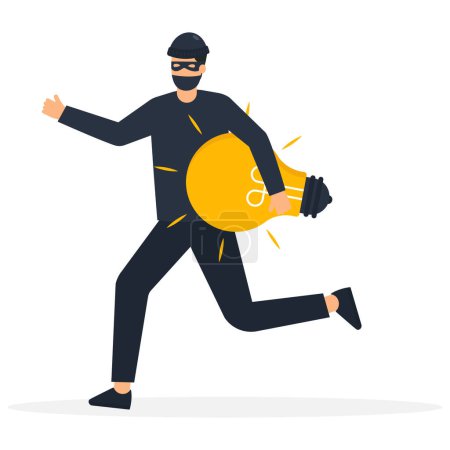 Illustration for Stealing ideas or plagiarism, piracy on intellectual property or infringement concept, thief man in black running with light bulb idea steal from other owner. - Royalty Free Image