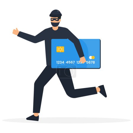Illustration for Financial crime, stealing Debit Card, investment risk or banking security concept, young man with black mask bandit costume or thief stealing or carrying ATM Card away. - Royalty Free Image