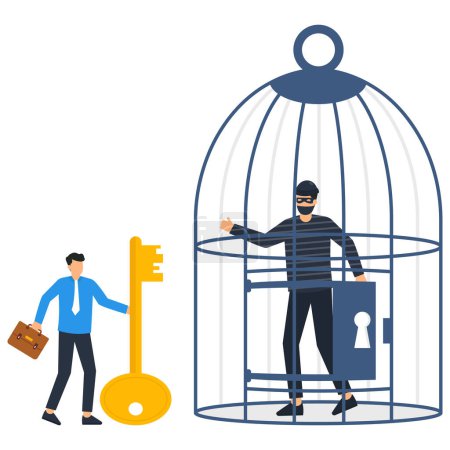 Ilustración de Delincuencia financiera, fraude, ladrón atrapado en la jaula - Imagen libre de derechos
