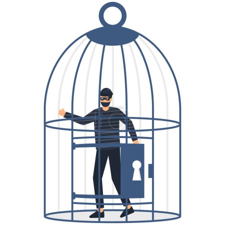 Ilustración de Delincuencia financiera, fraude, ladrón atrapado en la jaula - Imagen libre de derechos