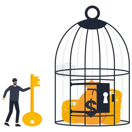 Ilustración de Delincuencia financiera, Ladrón tiene una llave de jaula y tratando de robar los ahorros - Imagen libre de derechos