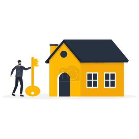 Ilustración de Delincuencia financiera, Ladrón tiene una llave de la casa y tratando de robar los ahorros - Imagen libre de derechos
