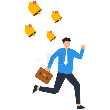 Illustration for Businessman running away from ringing bell notifications - Royalty Free Image