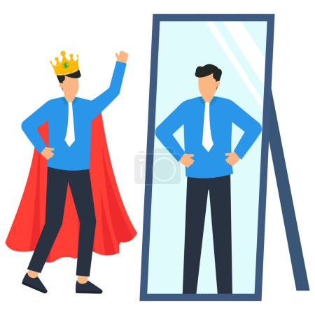 Illustration for Self confidence or self esteem believe in yourself, positive attitude to success, ambition or determination to achieve goals, businessman looking at his strong ideal self superhero reflection mirror - Royalty Free Image