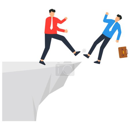 Illustration for Business dishonesty, betrayal or jealousy, colleagues, career competitors or cheating, businessmen kick business partners off the cliff. - Royalty Free Image