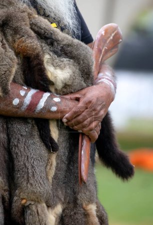 Téléchargez les photos : La main humaine tient des baguettes rituelles pour le rite de bienvenue lors d'un événement communautaire autochtone en Australie - en image libre de droit