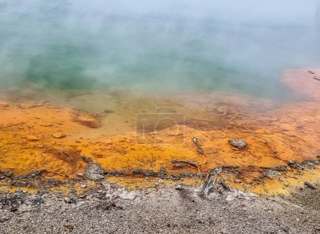 Orange and turquoise hot lake in the crater of an extinct volcano, geothermal activity in the Rotarua region, North Island of New Zealand