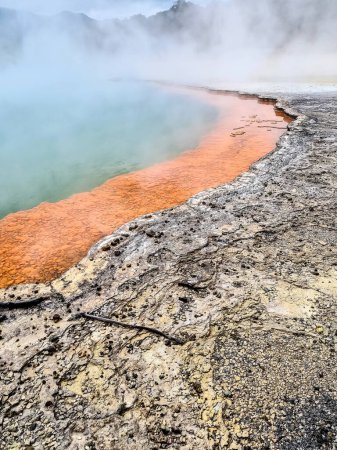 Orange und türkisfarbener heißer See im Krater eines erloschenen Vulkans, geothermische Aktivität in der Rotarua-Region, Nordinsel Neuseelands