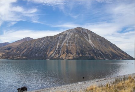 Beautiful lake landscape, mountain and reflection, scenic view, Lake Ohau, New Zealand, South Island. High quality photo