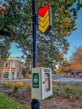 Automatic external defibrillator hanging on a pole in a public park for first medical aid, caring for people. High quality photo