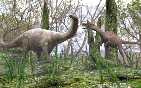 Photo for A 3D illustration of dinosaurs in a forest. The young brontosaurus is startled by a hungry ornitholestes out hunting. - Royalty Free Image
