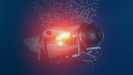 Illustration 3D d'un submersible en eau profonde implosant en descendant aux profondeurs de l'océan