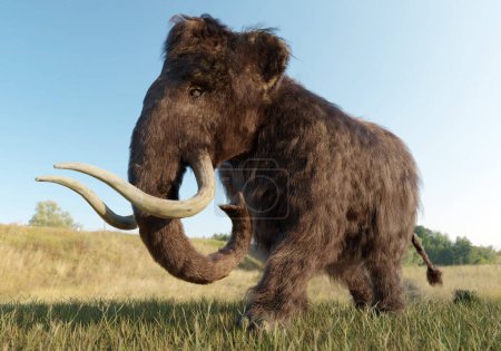 Una ilustración 3D de un mamut lanudo caminando a través de un campo herboso.
