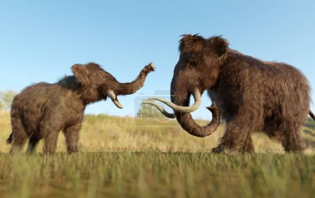 Una ilustración en 3D de un mamut lanudo y un bebé en un campo cubierto de hierba.
