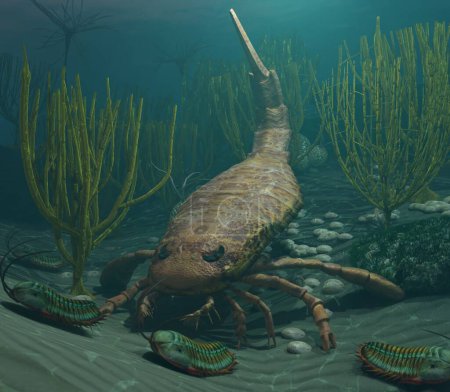 Foto de Eurypterus Caza trilobites en un mar ordovícico - Imagen libre de derechos