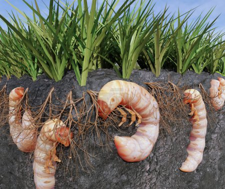 Una ilustración 3D recortada de Grubs blancos subterráneos devorando raíces de hierba. Esta plaga común causa daños al crear parches muertos en el césped y debe tratarse con pesticidas..