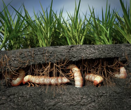 Foto de Una ilustración en 3D de Grubs comiendo raíces de hierba bajo tierra. - Imagen libre de derechos
