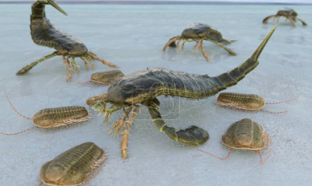 A 3D illustration of extinct Eurypterids (sea scorpions) and Trilobites on a beach 400 million years ago.