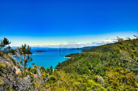 Téléchargez les photos : Vue de la côte du parc national Abel Tasman, île du Sud, Nouvelle-Zélande. de la piste côtière d'Abel Tasman entre Marahau et la baie L'Anchorage. - en image libre de droit