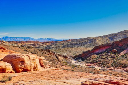 Téléchargez les photos : Valley with dry riverbed in the desert along the White Domes Trail, Valley of Fire State Park, Nevada, États-Unis. - en image libre de droit