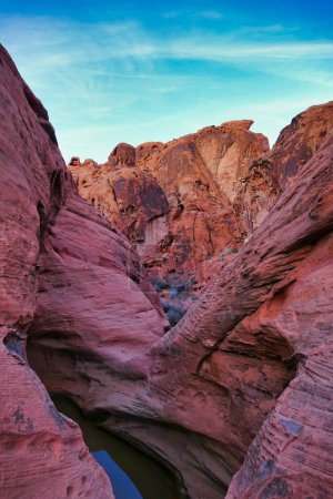 Téléchargez les photos : Le réservoir de Mouses, un trou d'eau le long du sentier Petroglyphs dans la vallée de Fire State Park, Nevada, États-Unis - en image libre de droit
