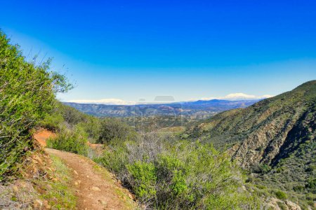 Téléchargez les photos : Footpath through the Agua Tibia Wilderness in Cleveland National Forest, in the background the snowy peaks of the San Jacinto Mountains in winter, Southern California, USA - en image libre de droit
