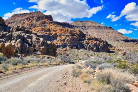 Téléchargez les photos : Chemin de terre à travers le paysage rocheux volcanique érodé dans les montagnes de la Providence, près de Hole-in-the-Wall, Mojave National Preserve, Californie, États-Unis - en image libre de droit