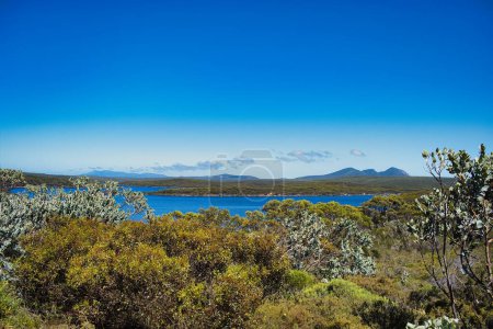 Photo for View of the Hamersley Inlet and the Wheejarup Range (Whoogarup Range), Fitzgerald River National Park, Western Australia. Indigenous vegetation in the foreground. - Royalty Free Image