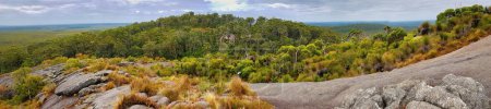 Photo for Panorama of eroded granitic mountains with dense coastal vegetation and granite boulders with brownish lichens, along the Coastal Track in Cape Le Grand National Park, Western Australia. - Royalty Free Image