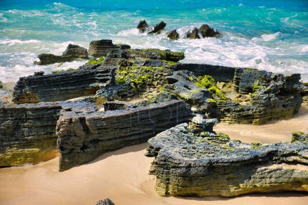 Téléchargez les photos : Rochers de crêpes recouverts d'algues sur une plage avec des vagues sauvages, Espérance, Australie occidentale - en image libre de droit