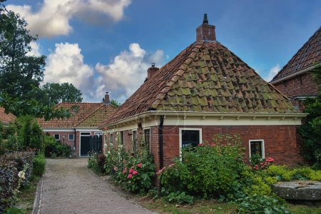 Téléchargez les photos : Paysage de rue caractéristique dans un village traditionnel du nord des Pays-Bas, avec des maisons historiques et de petits jardins avec des fleurs colorées. Tinallinge, province de Groningue - en image libre de droit