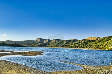 Téléchargez les photos : Paysage côtier avec une crique, des falaises escarpées et de hautes collines près de Puponga, région de Tasman, dans la partie la plus septentrionale de l'île du Sud, Nouvelle-Zélande - en image libre de droit
