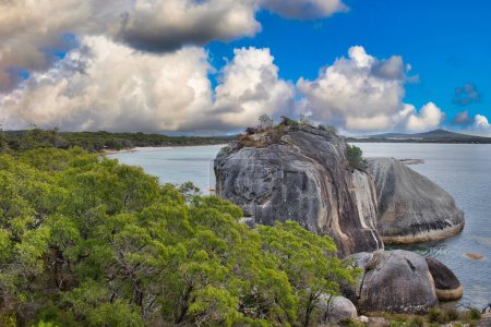 Téléchargez les photos : Paysage côtier avec d'énormes roches granitiques, forêt d'eucalyptus et un ciel nuageux dans la réserve naturelle de Two Peoples Bay, près d'Albany, Australie occidentale. - en image libre de droit