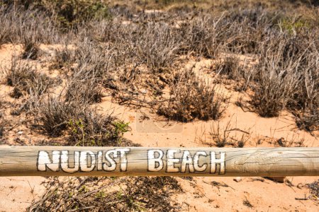 Téléchargez les photos : Panneau peint plage nudiste sur une clôture en bois, végétation dunaire en arrière-plan - en image libre de droit