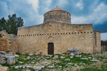 The 15th-century church of the ruined monastery of Timios Stavros or Holy Cross Monastery in Anogyra, Lemesos (Limassol), Cyprus, a barrel vaulted church with a single nave and dome