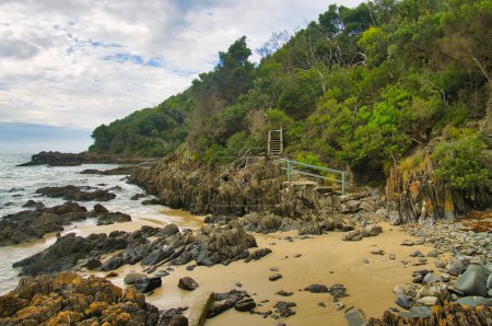 Küstenlandschaft mit Strand, Felsen, Wald und Wanderweg entlang des Cape Conran Nature Trail entlang der Küste von Cape Conran, Gippsland, Victoria, Australien
