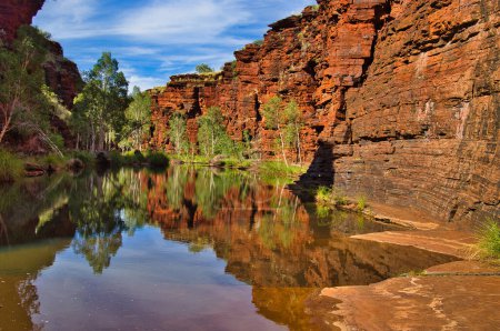 Téléchargez les photos : Rochers rouges et arbres verts se reflétant dans l'eau claire d'une piscine dans la gorge de Kalamina, parc national de Karijini, Australie occidentale - en image libre de droit