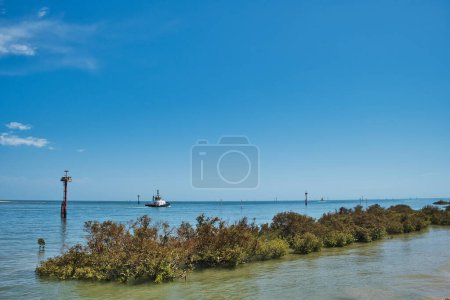 Entrada al puerto de Port Hedland, Australia Occidental, con boyas, remolcadores y rompeolas cubiertos de manglares