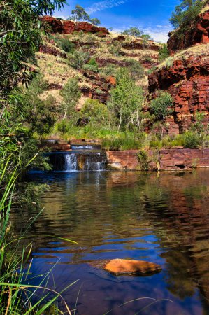 Téléchargez les photos : Petite cascade et piscine tranquille dans les gorges des Dales, une oasis luxuriante dans l'arrière-pays aride du parc national Karijini, Hamersley Range, Australie occidentale - en image libre de droit